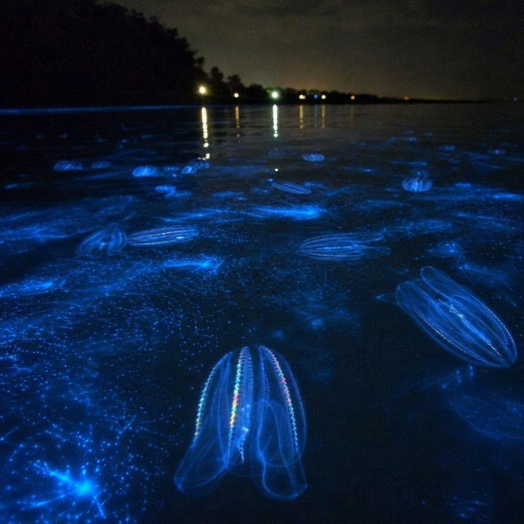 Glowing comb jellies floating in the dark waters of the Indian River Lagoon, showcasing their bioluminescent beauty.