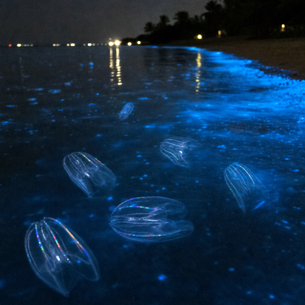 Kayakers paddling through glowing water under the night sky, experiencing the magical bioluminescence of the Indian River Lagoon.