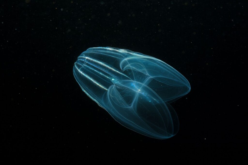 glowing blue comb jelly floating in dark water
