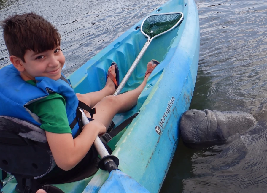 Child smiling from a kayak as a manatee swims beside the boat